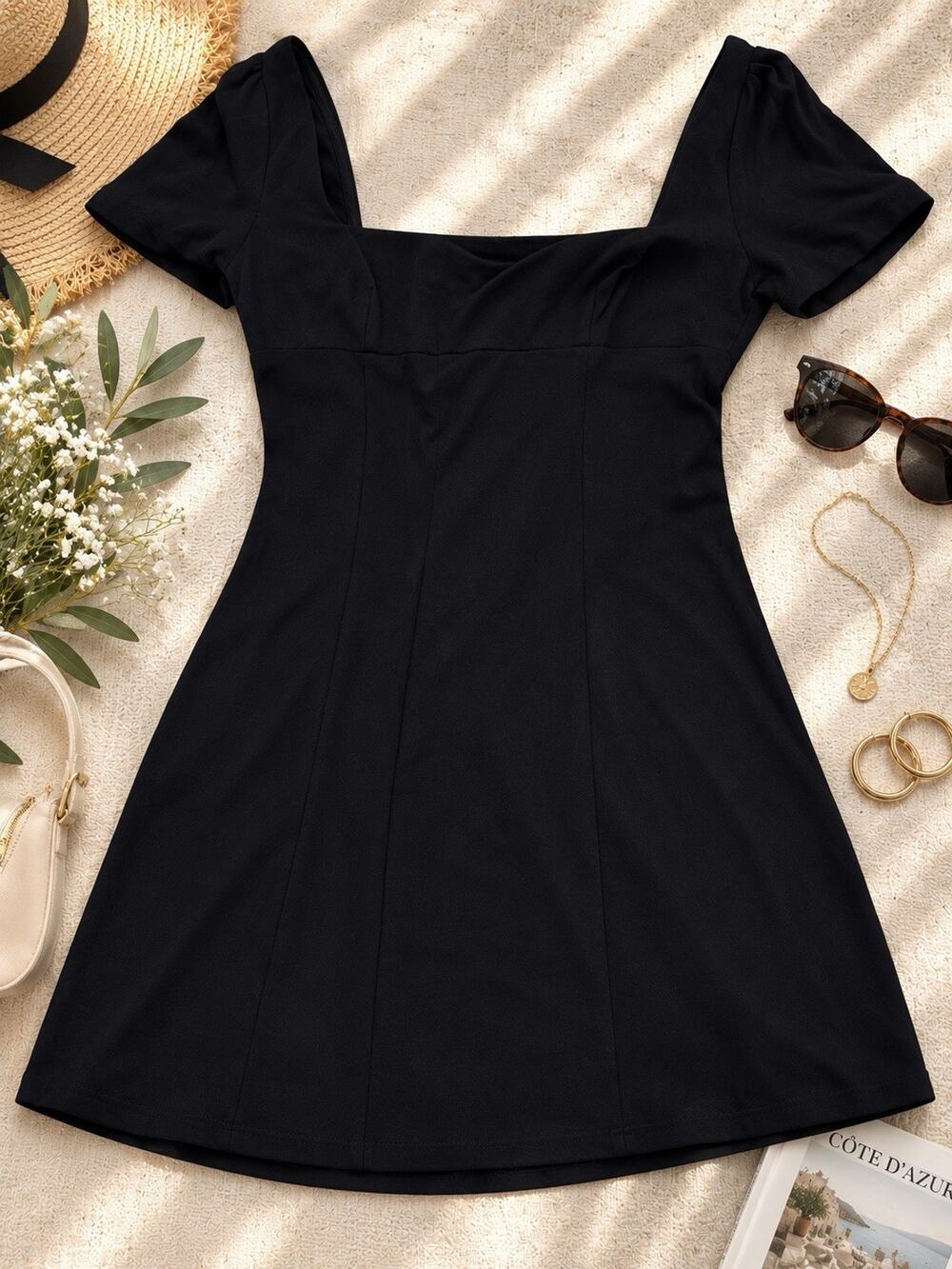 Princess Polly Dress Womens 8 Black Mini Square Neck Puff Sleeve‎ Linen Blend